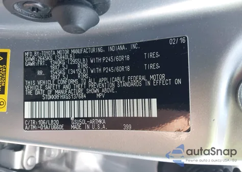 2016 Toyota Highlander Xle V6 from USA, damaged, VIN 5TDKKRFHXGS137684